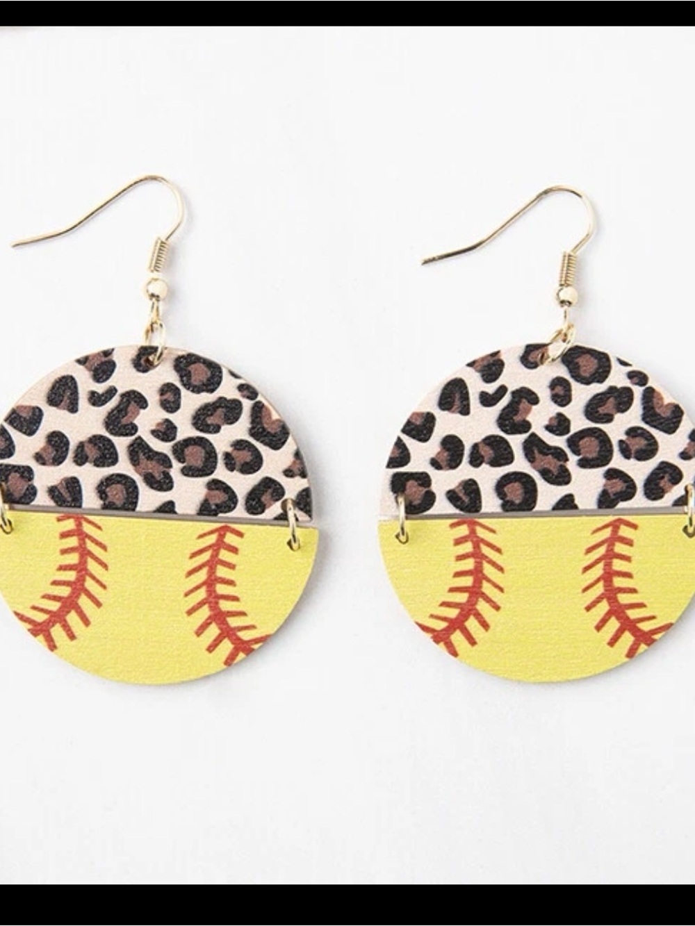 Plunder Leopard & Yellow Baseball Softball Stitch Wood Dangle Earrings